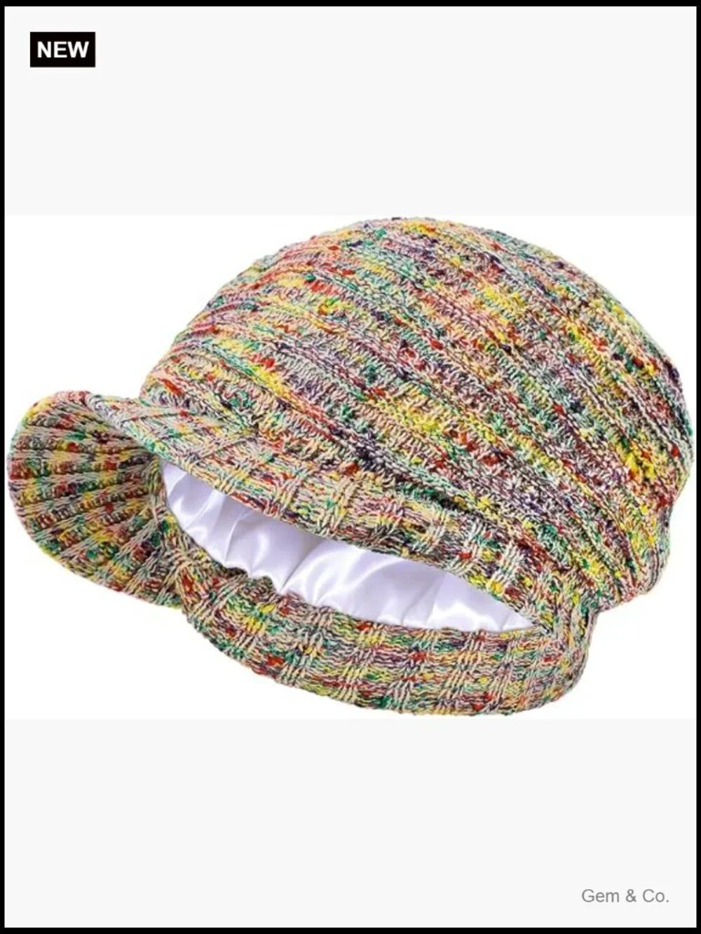 Satin Lined Knit Beanie Hat with Visor Brim Winter Warm Slouchy Newsboy Cap